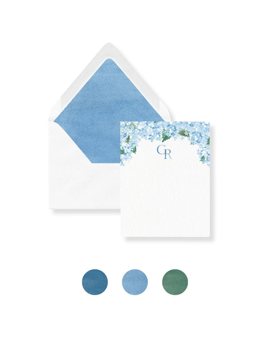 Personal stationery envelopes with blue liner, floral flap and monogram GR