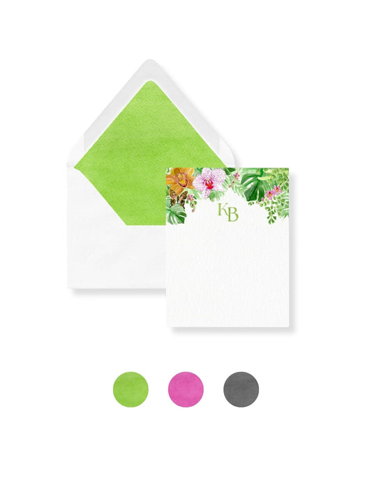 Personal stationery envelope with palm green insert and floral band monogram KB