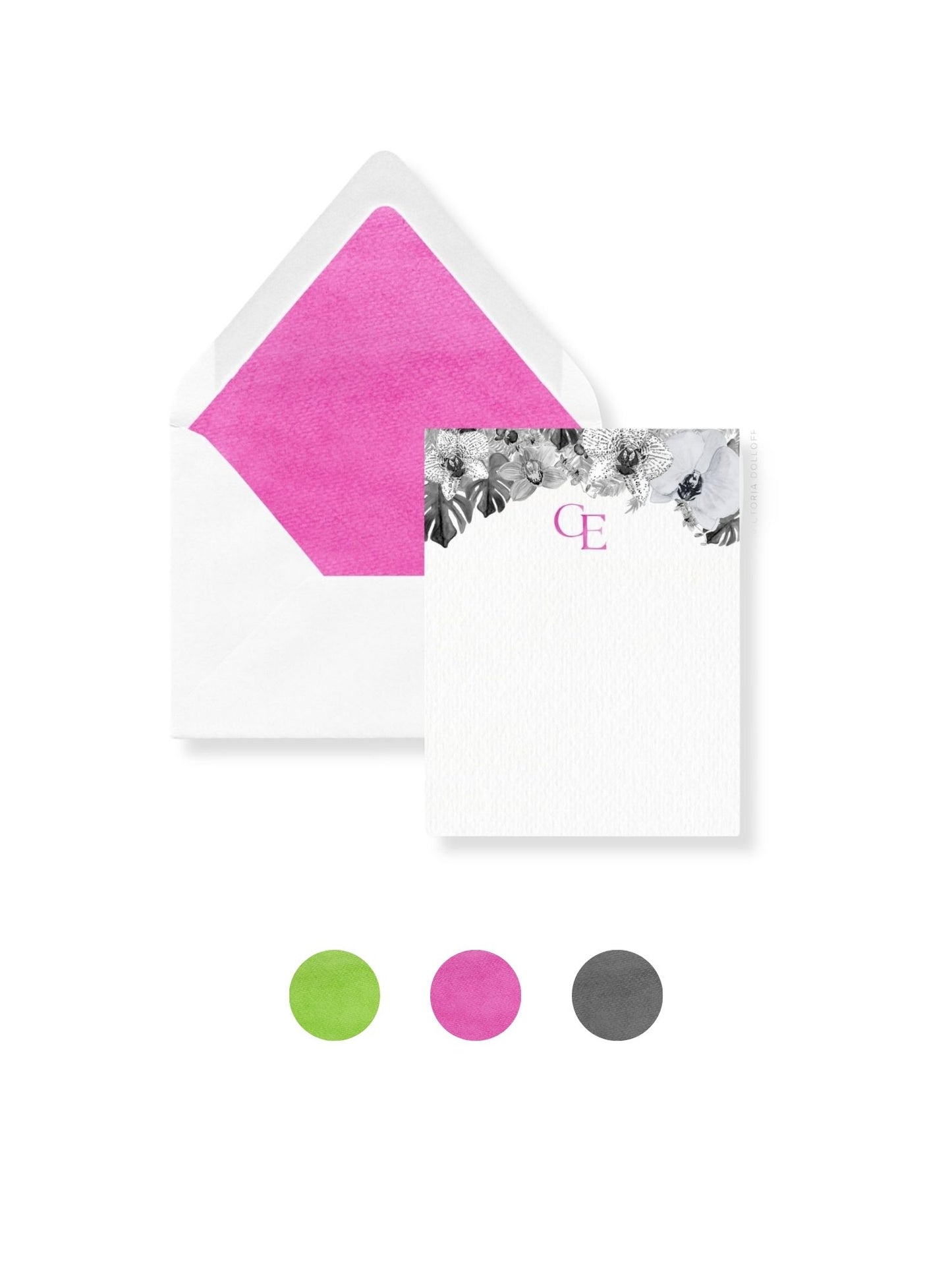 Personal stationery envelope with pink liner, floral watercolor band, and monogram CE