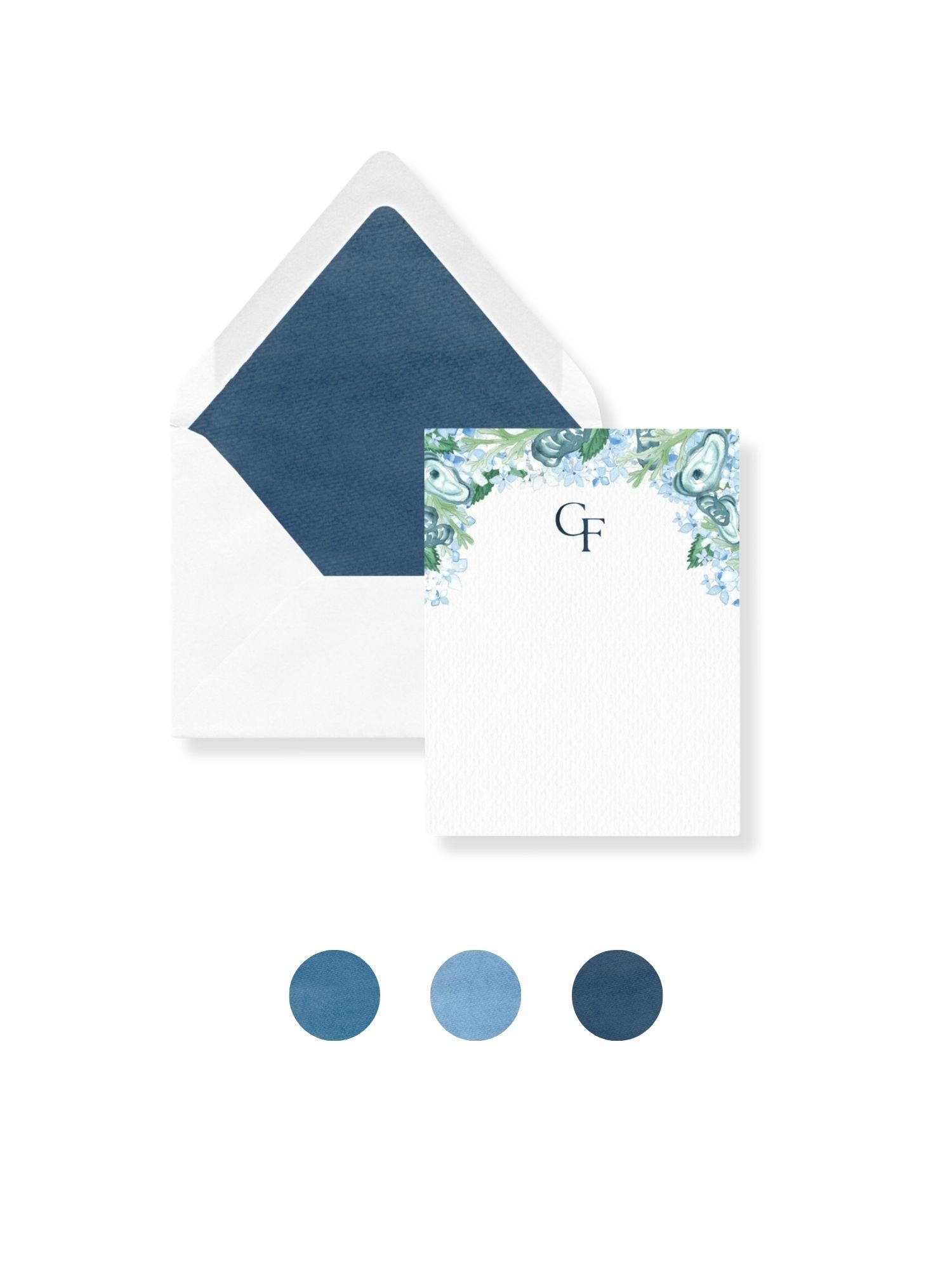 Personalized stationery envelopes with floral hydrangea monogram and blue liner