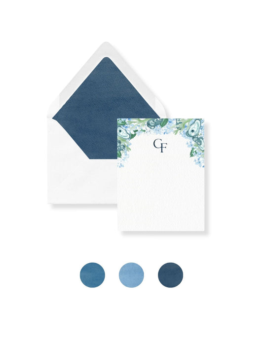 Personalized stationery envelopes with floral hydrangea monogram and blue liner