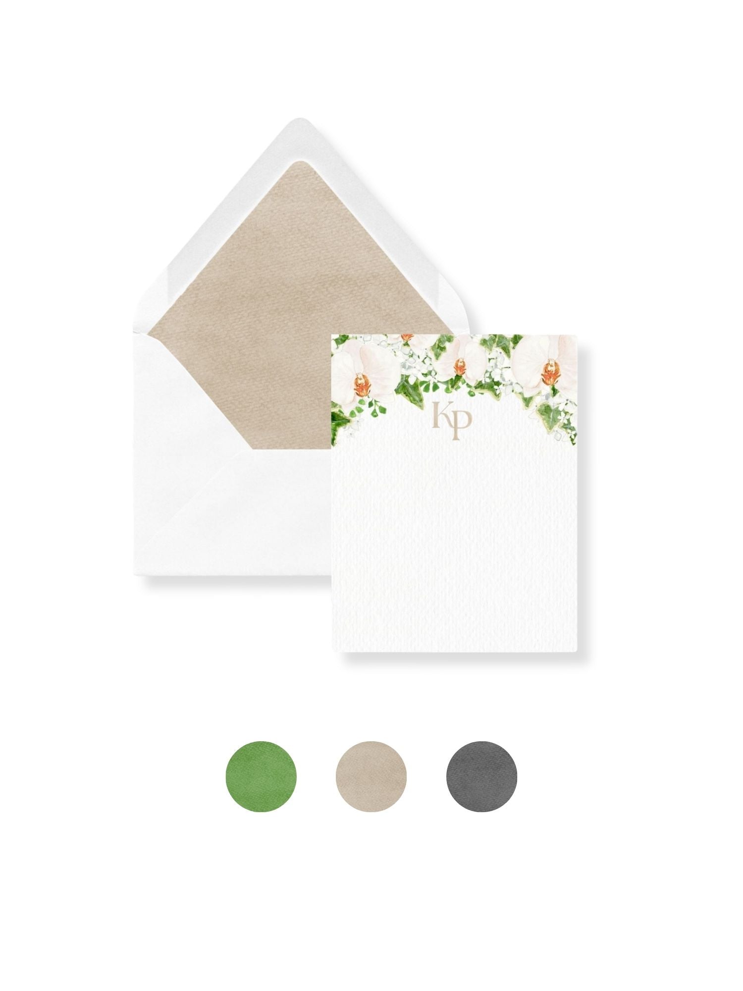 White stationery envelope set with floral monogram Kp and green liner swatch