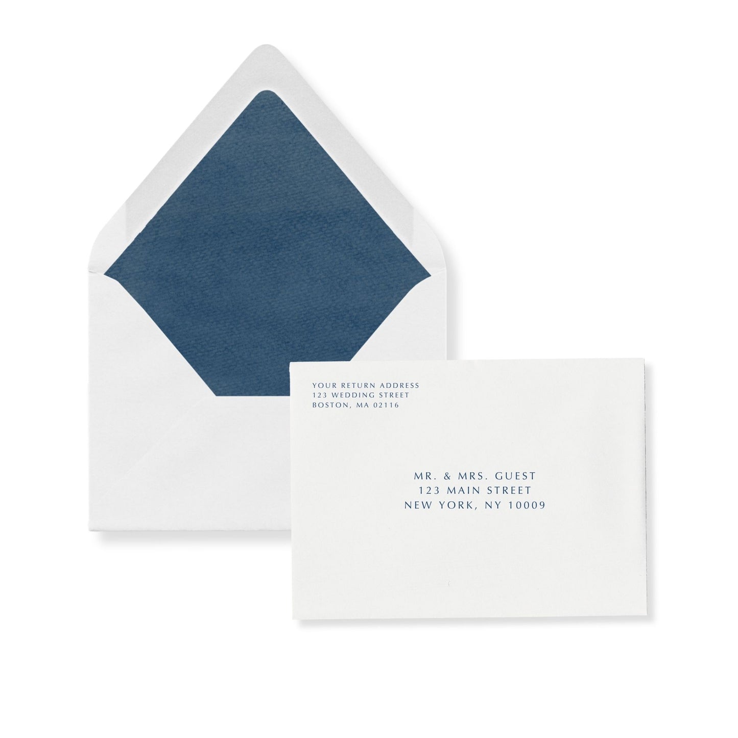 Caroline Collection Umschlag mit dunkler blauer Innenklappe; Gastadresse auf der Karte