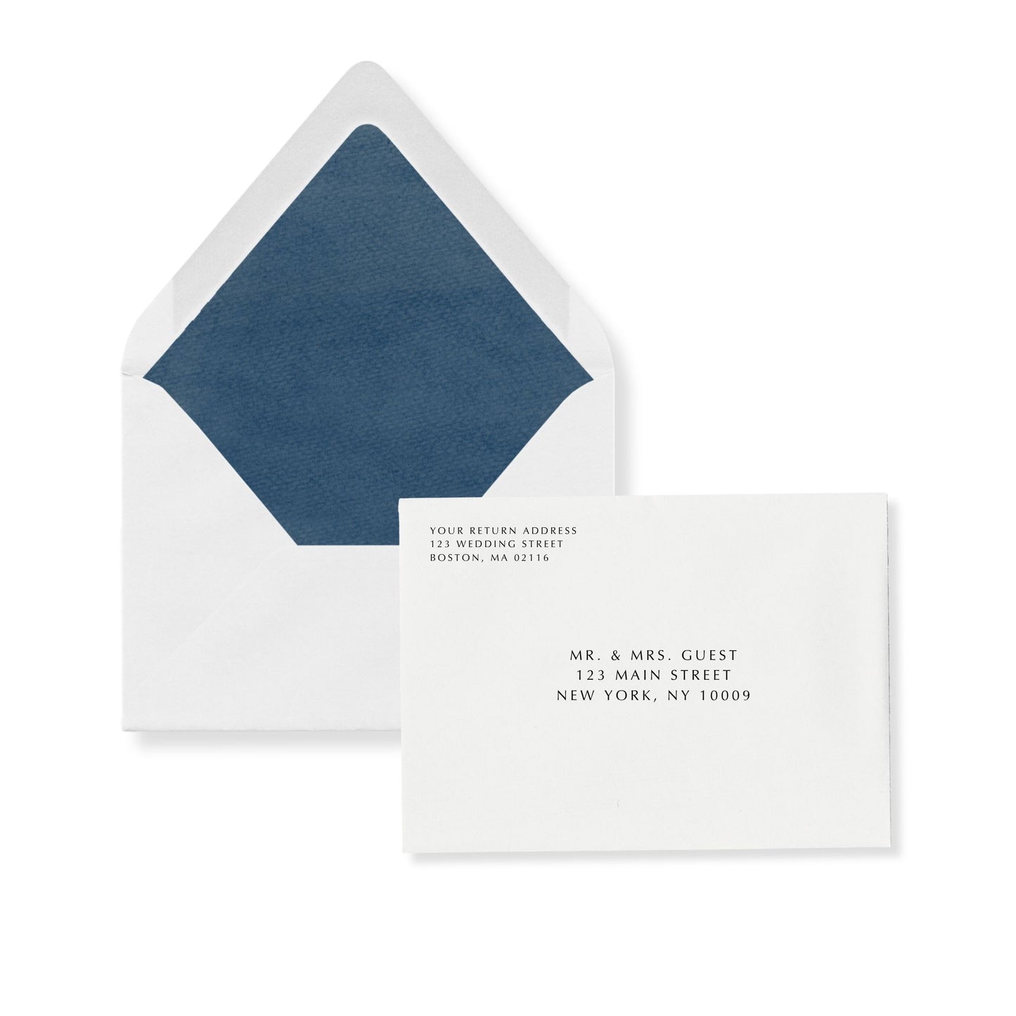 Luxe flap invitation envelope, blue liner with printed return and guest addresses