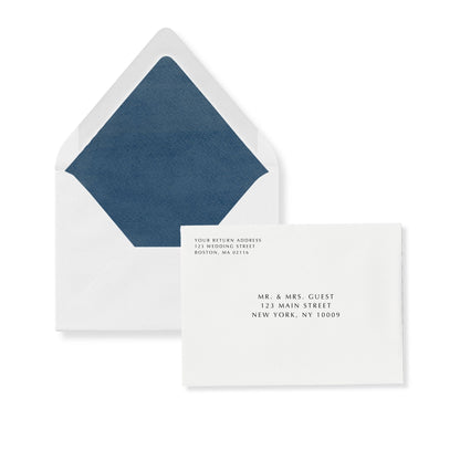 Luxe flap invitation envelope, blue liner with printed return and guest addresses