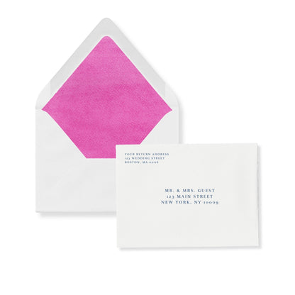 European flap invitation envelope, orchid pink interior liner with address card