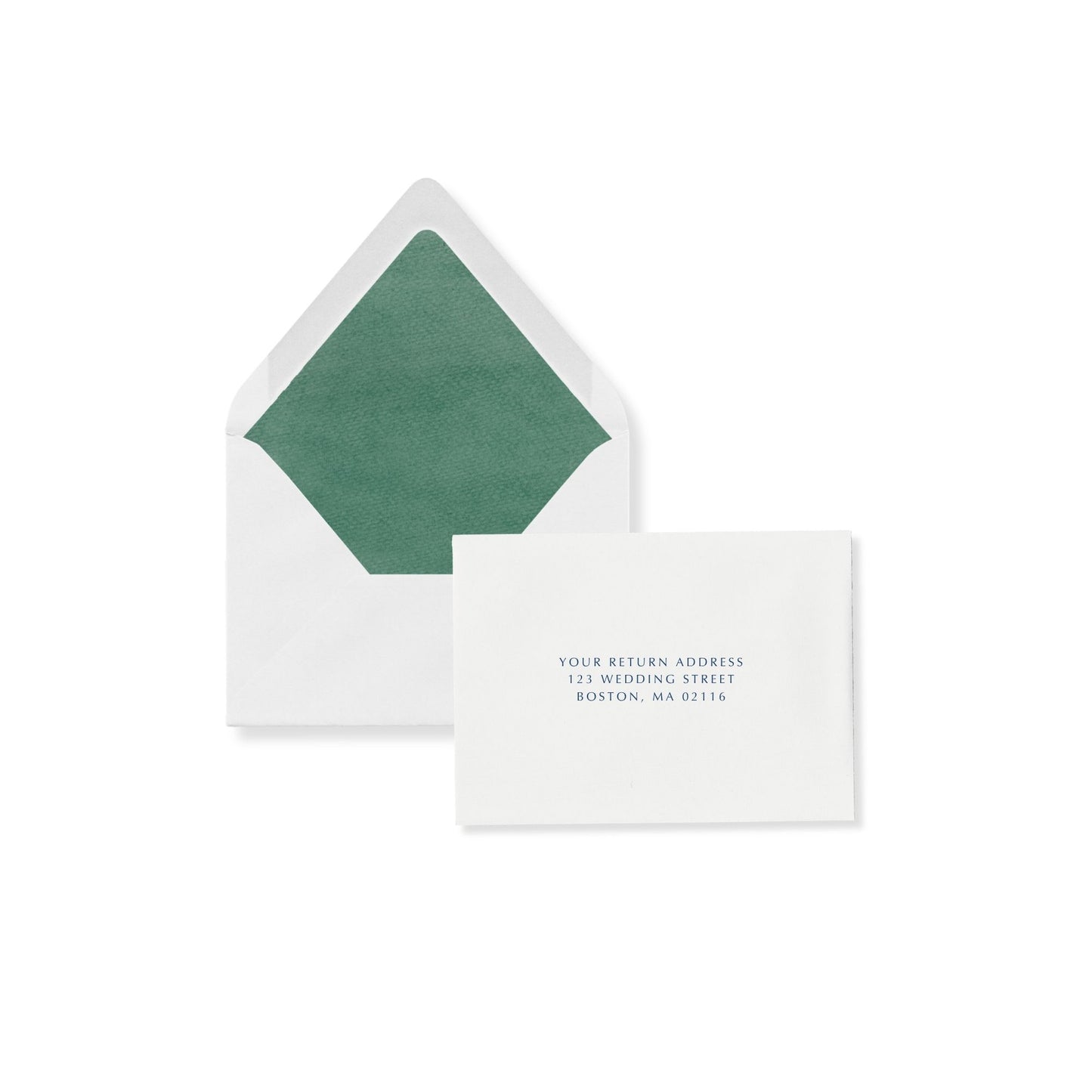 Luxe RSVP envelope with Emerald Green liner, address card with return text