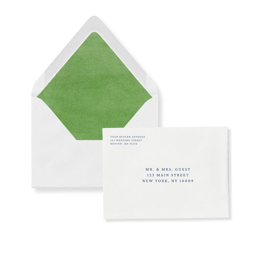 Flap invitation envelope, pear green liner, return address and guest address printed