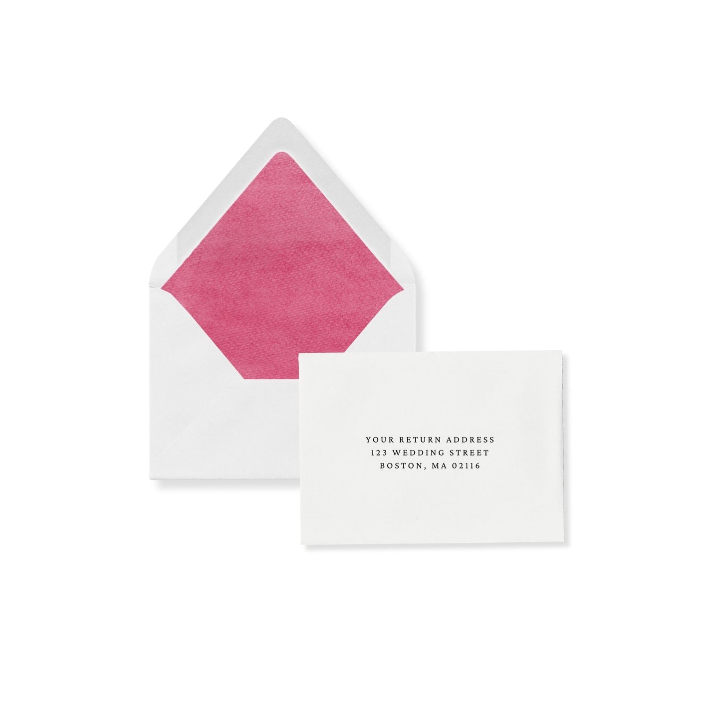 Rosebud pink lined European RSVP envelope with return address text on insert card
