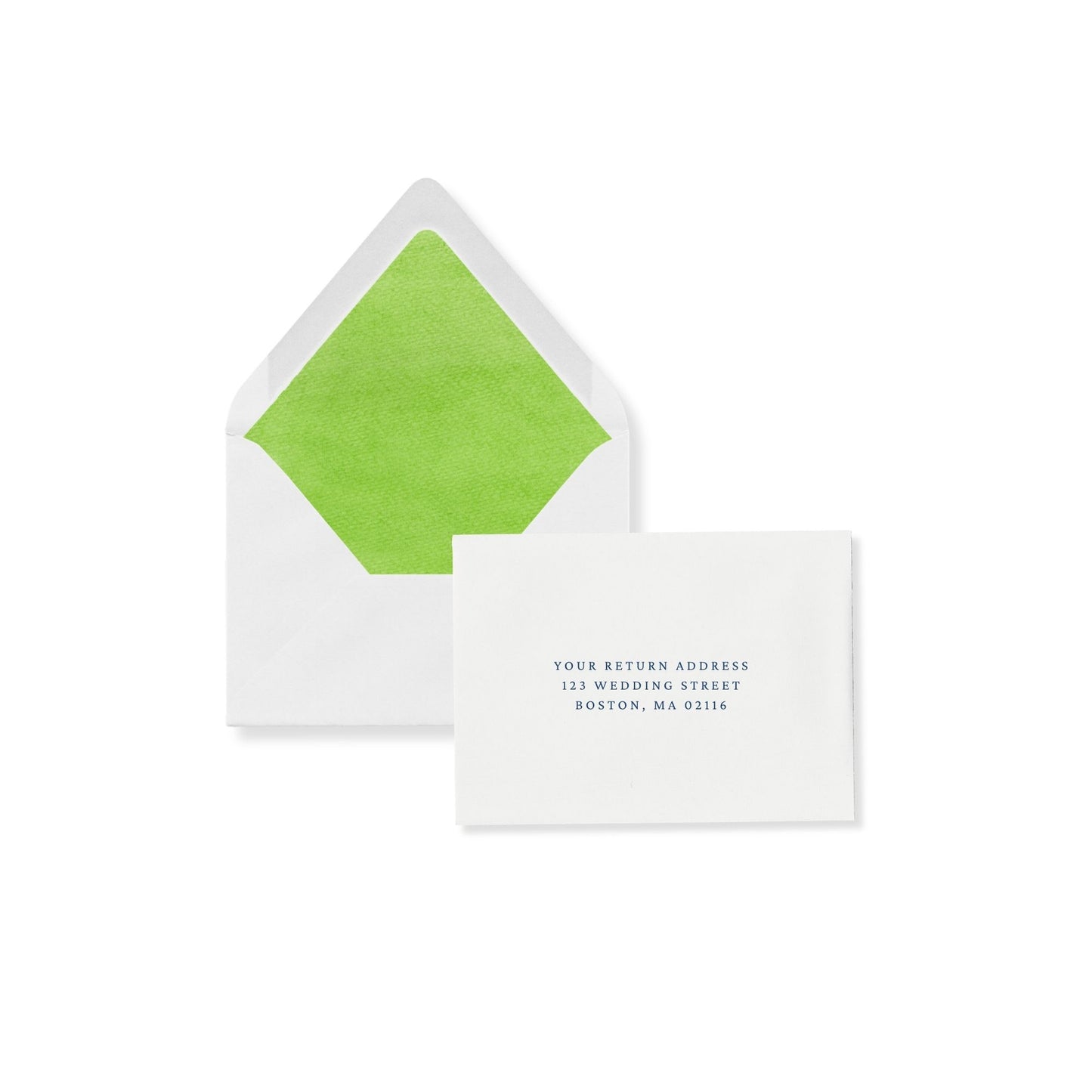 Luxe RSVP flap envelope with Palm Green liner and return address printed on card