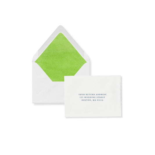 Luxe RSVP flap envelope with Palm Green liner and return address printed on card