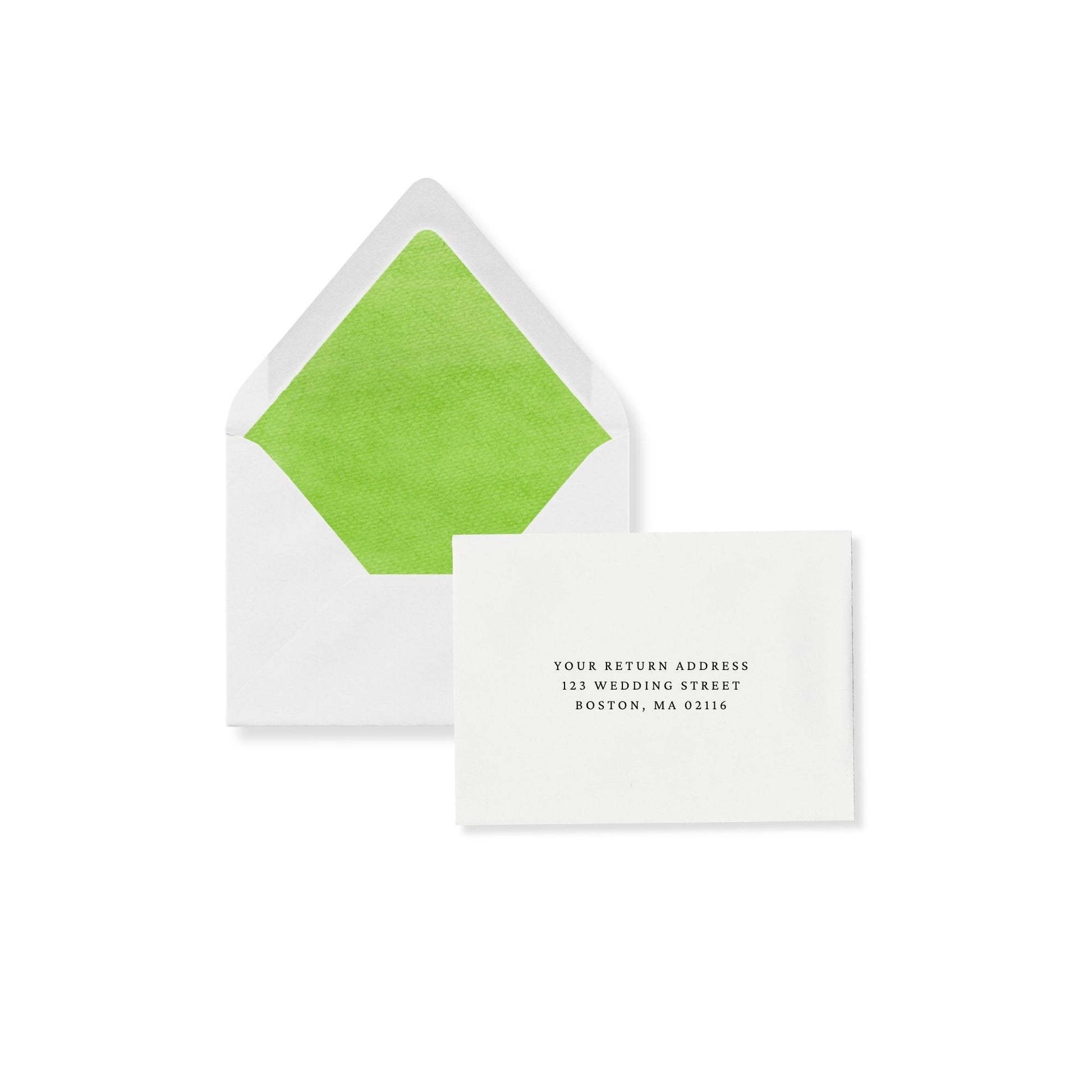 Palm Green liner RSVP envelope set with card showing return address