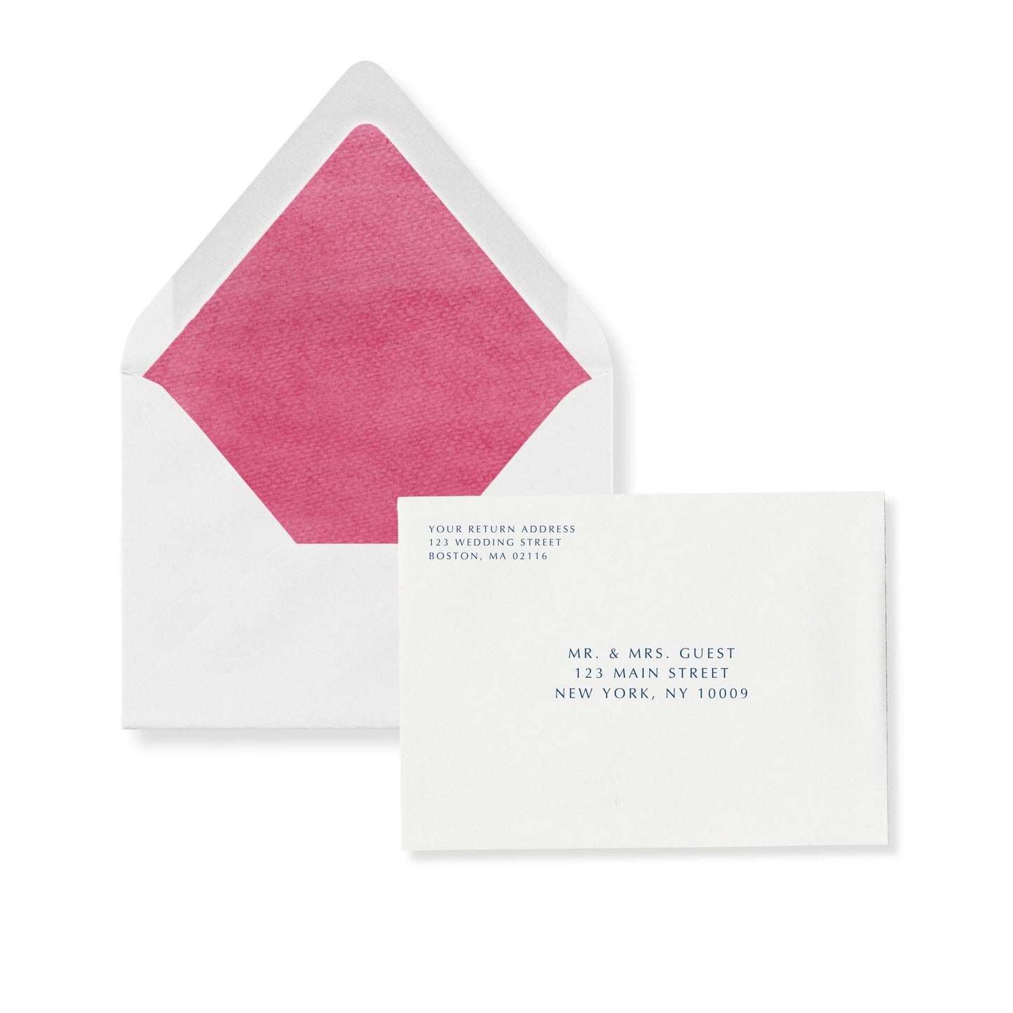 Luxe flap invitation envelope with rosebud pink liner and matching address side card