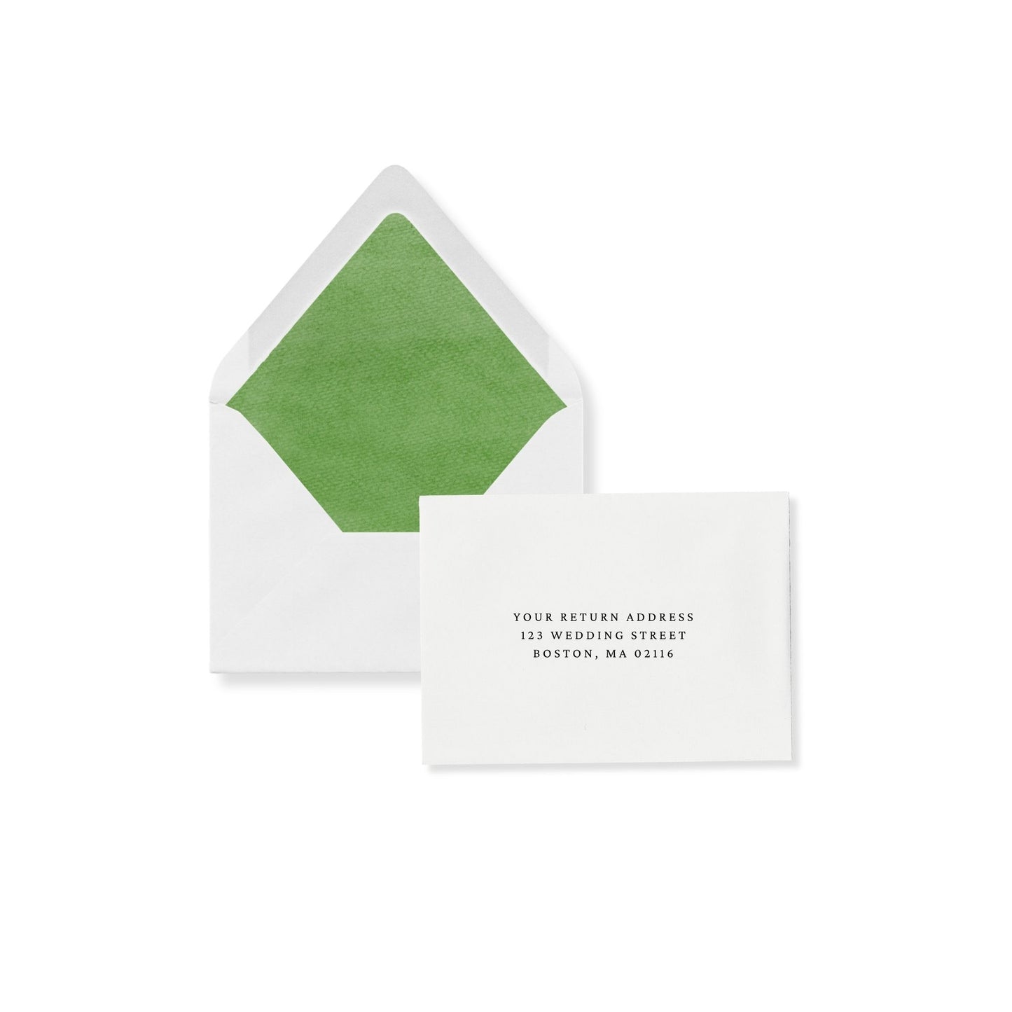 Pear green liner RSVP envelope with return address card in front view