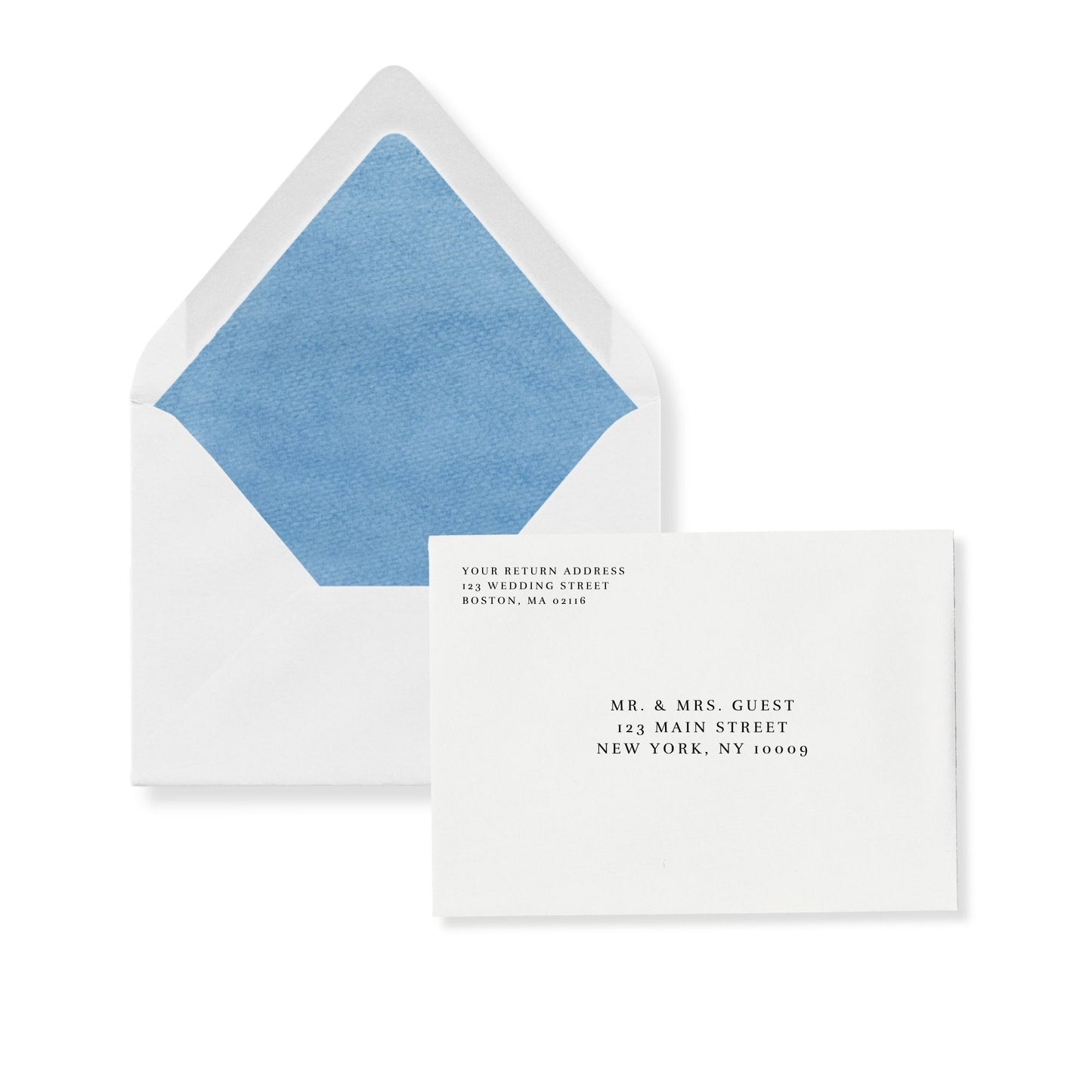Blue-lined invitation envelope with flap and matching card; printed guest and return address