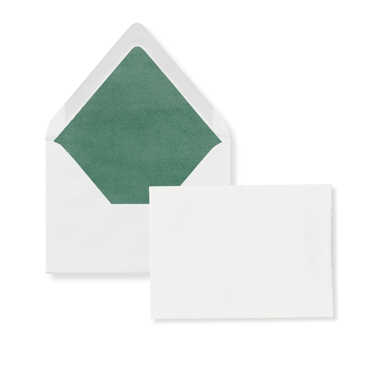 Luxe invitation envelope with green liner and flap; card in front shows blank white space