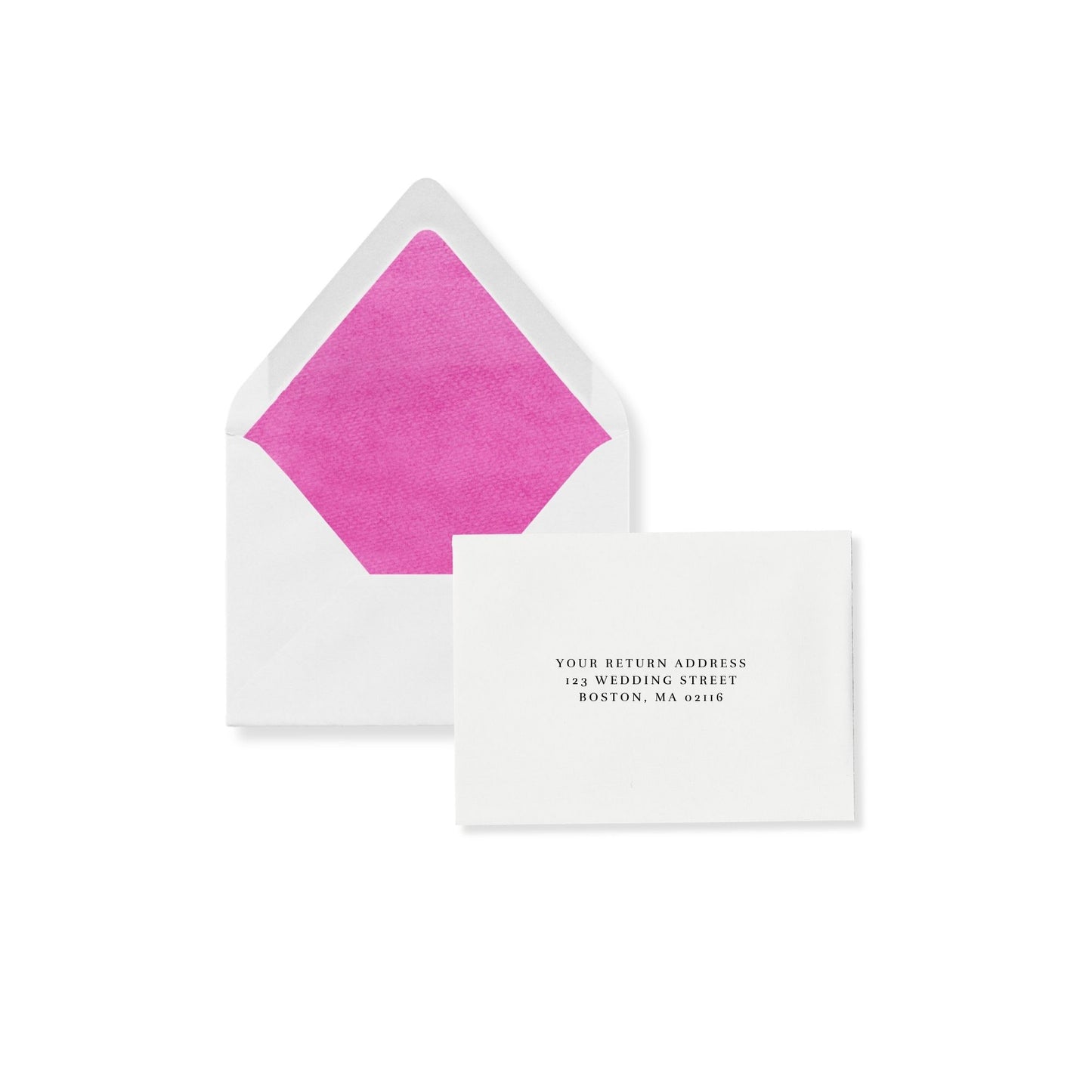 RSVP flap envelope, Orchid Pink liner, white insert with return address text