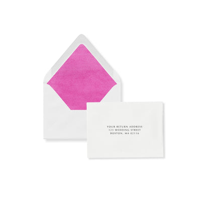 RSVP flap envelope, Orchid Pink liner, return address printed on white insert