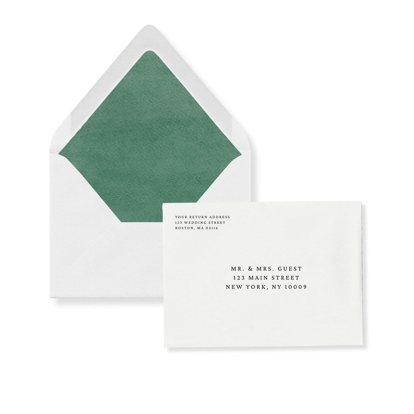 Invitation envelope set with green liner; white flap and card with guest plus return address