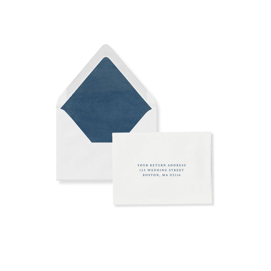RSVP envelope with dark blue lining and card with return address printing