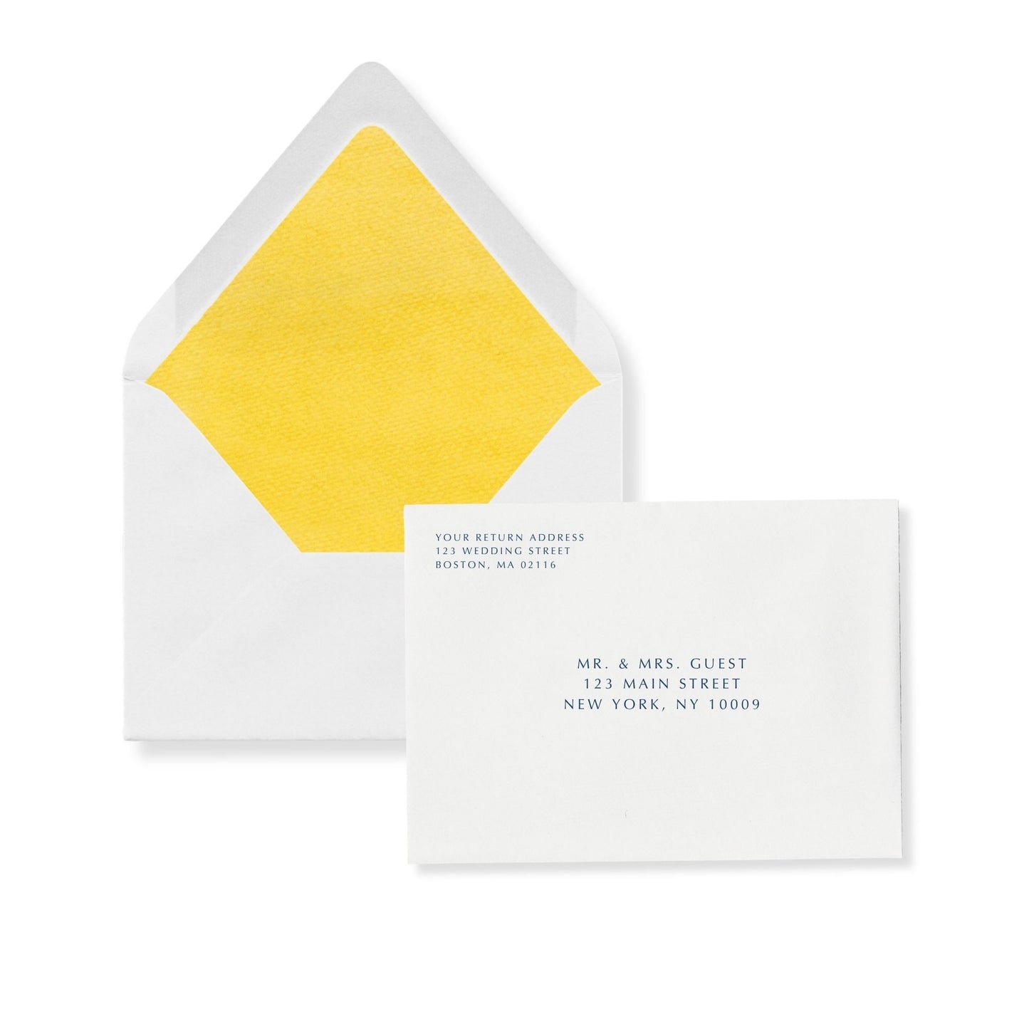 Luxus-Flap-Invitation-Umschlag mit gelbem Innenfutter (Meyer Lemon), Adresse gedruckt