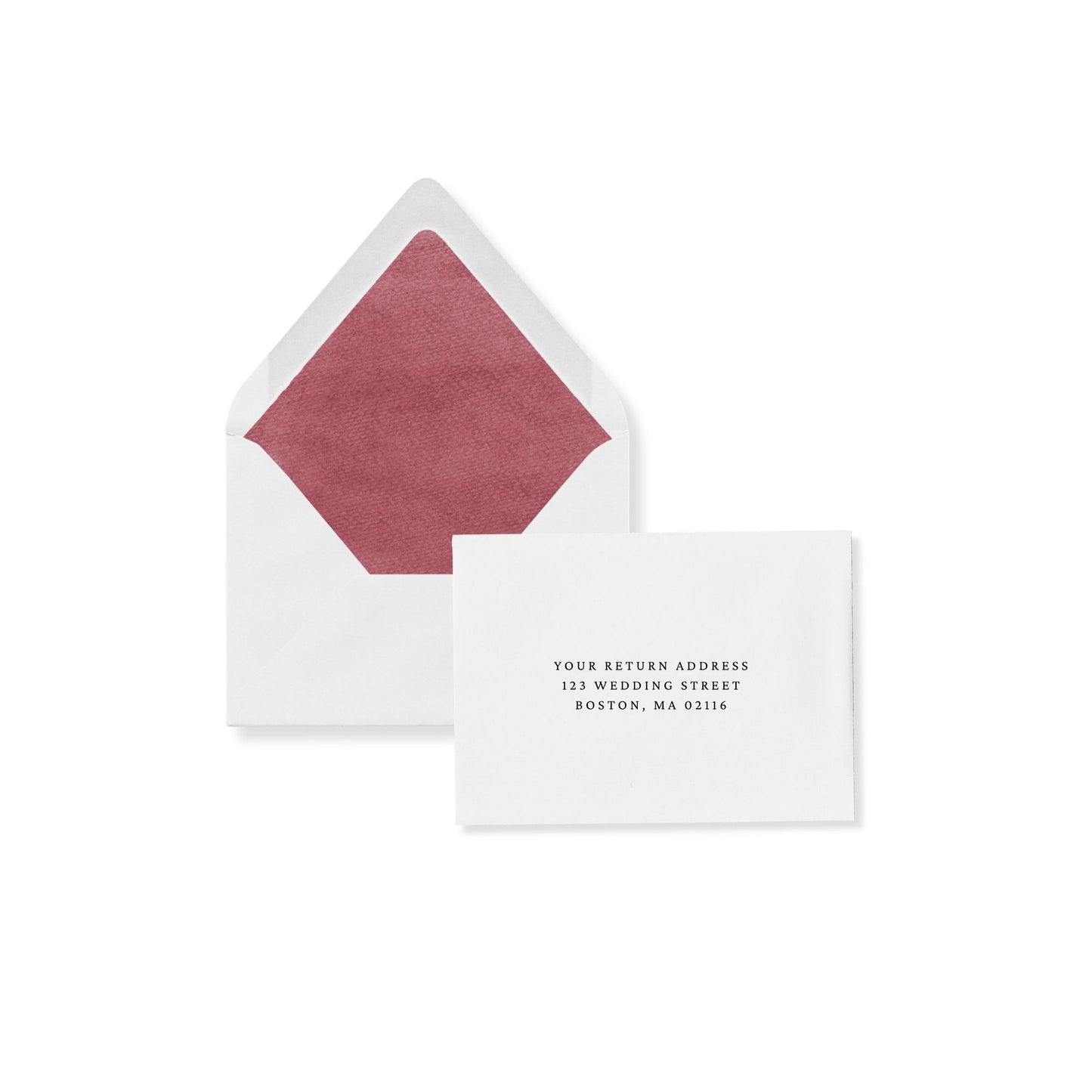 Luxe RSVP envelope with sangria liner and return address insert card