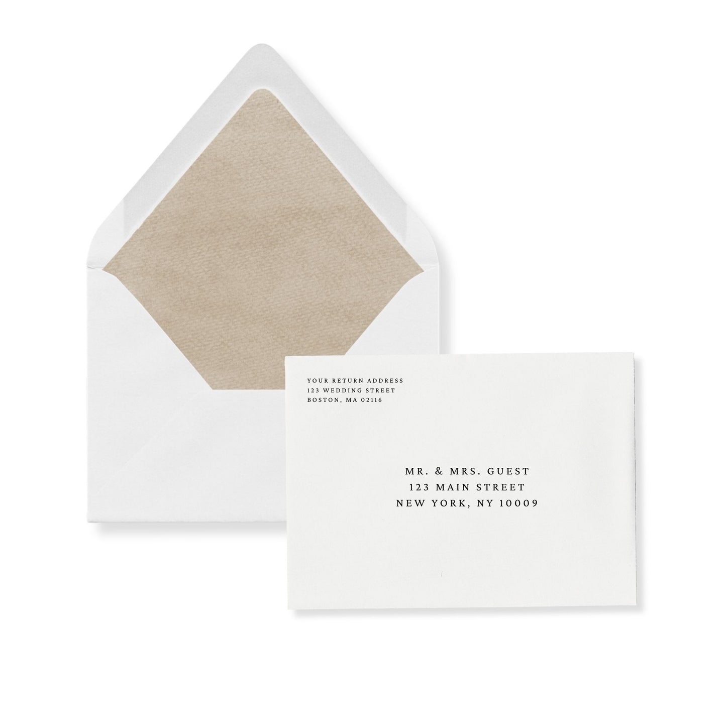 European flap invitation envelope, sand liner visible, with return address and guest address