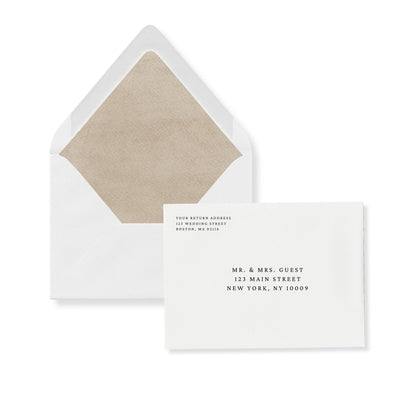 European flap invitation envelope, sand liner visible, with return address and guest address