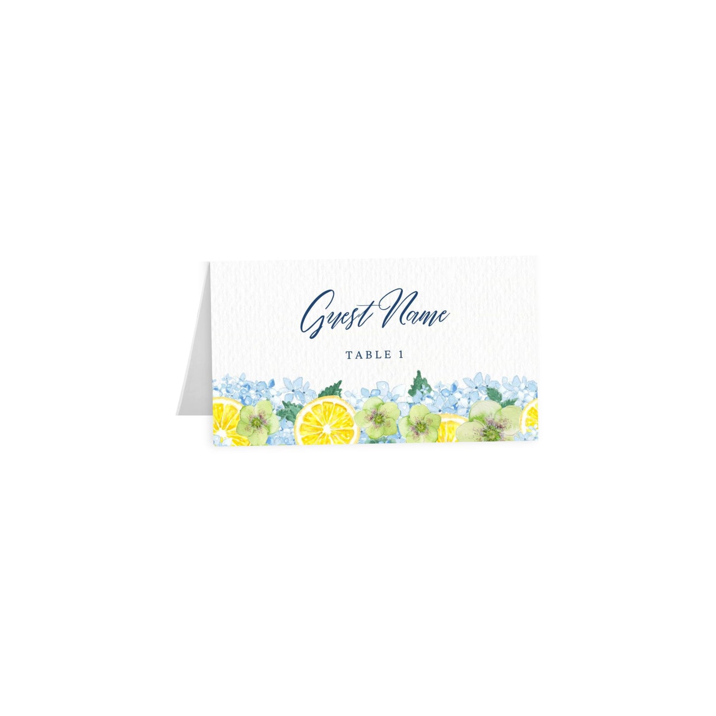 Tented card: script “Guest Name” in navy blue, lemon & hydrangea border