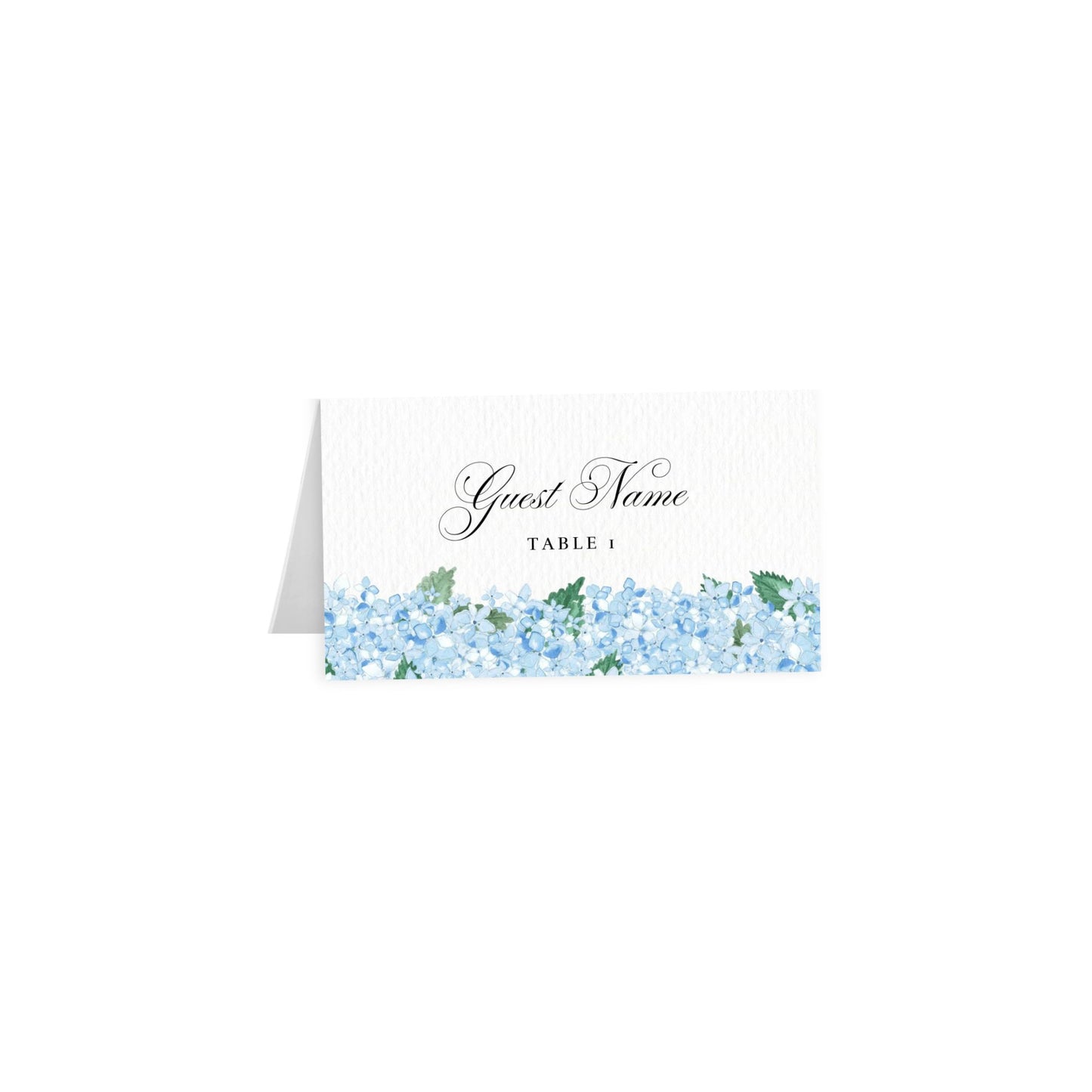 Hydrangea tent card, Guest Name in gray script with Table 1 beneath