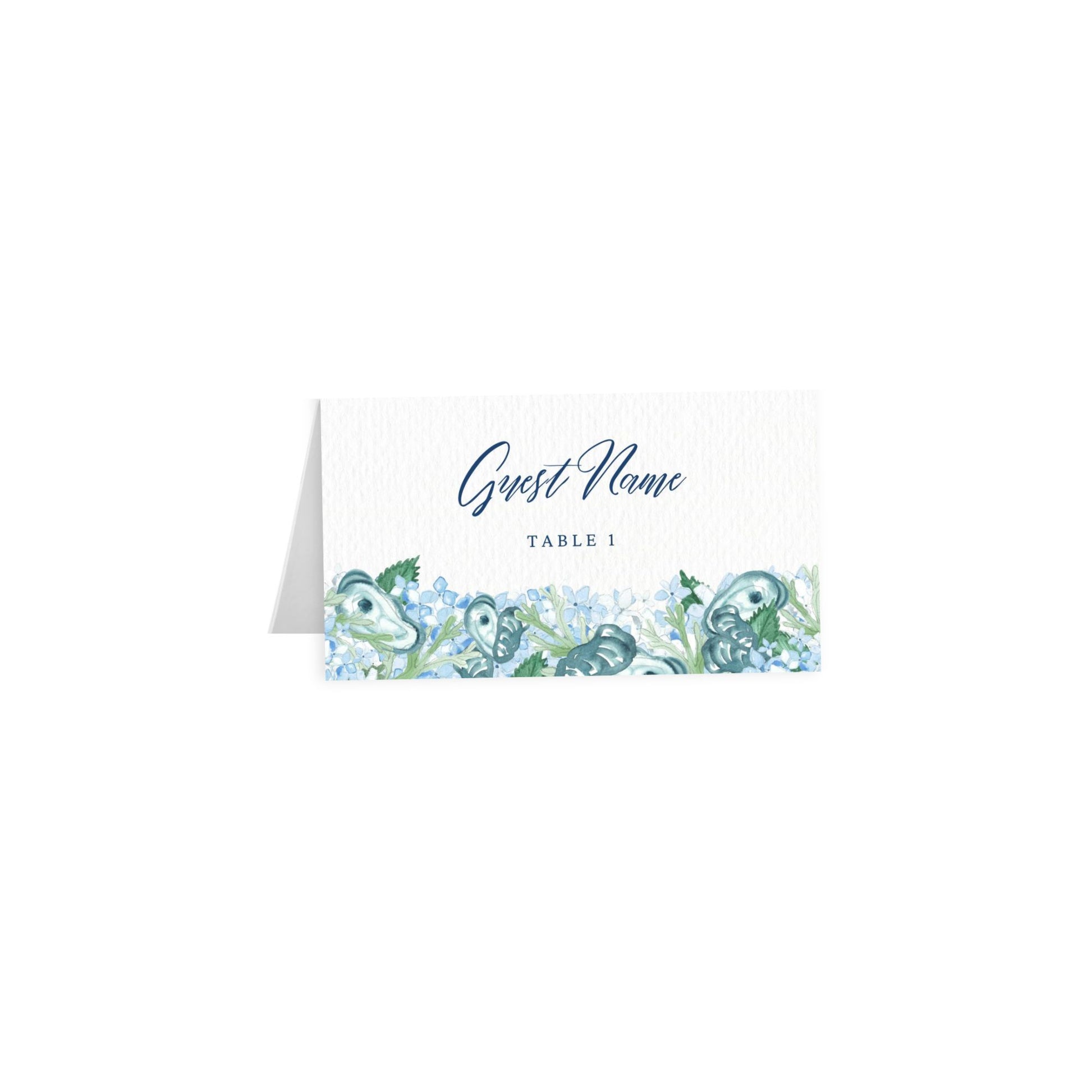 Coastal oyster tent card: navy artful cursive Guest Name, Table 1