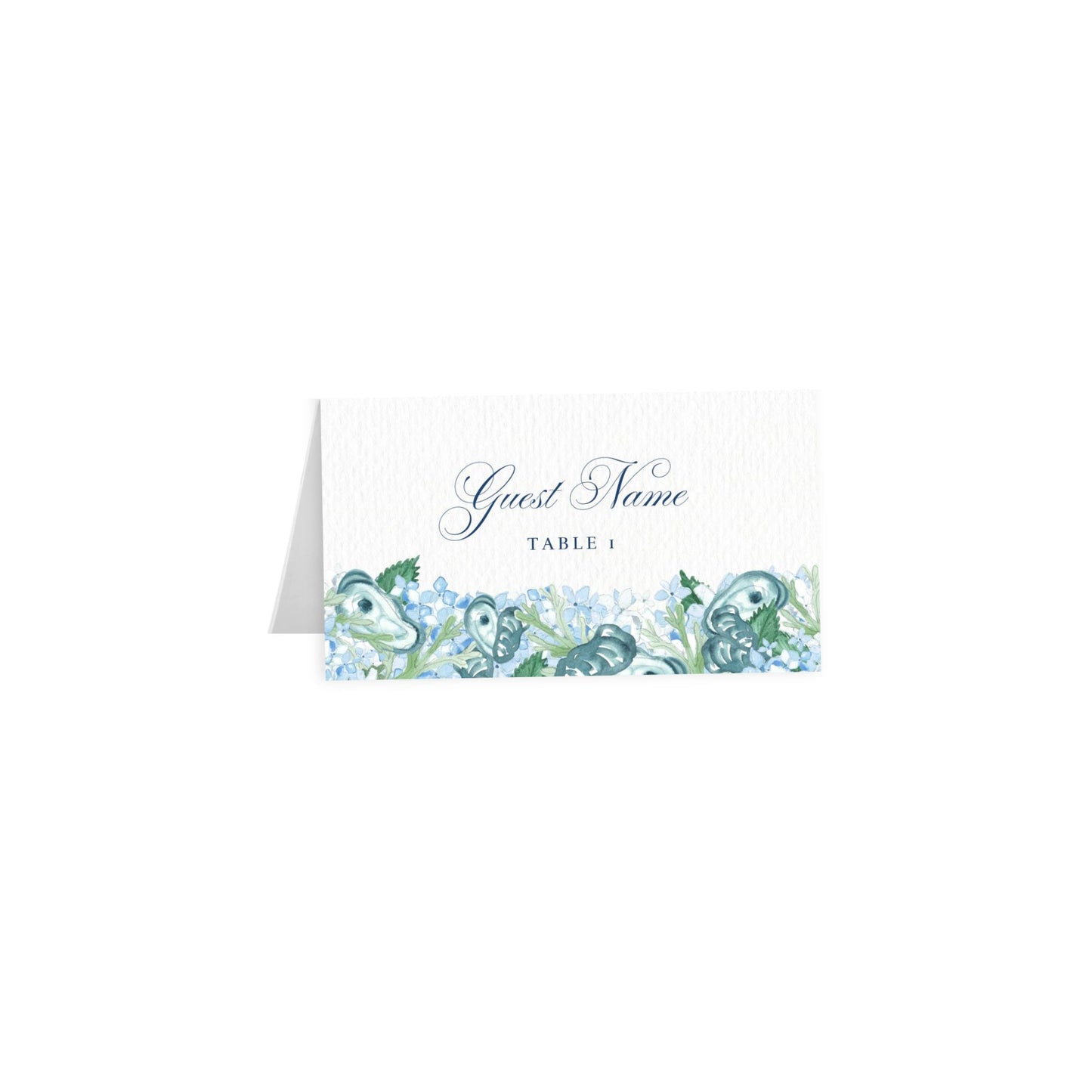 Coastal oyster tent card: black artful cursive Guest Name, Table 1