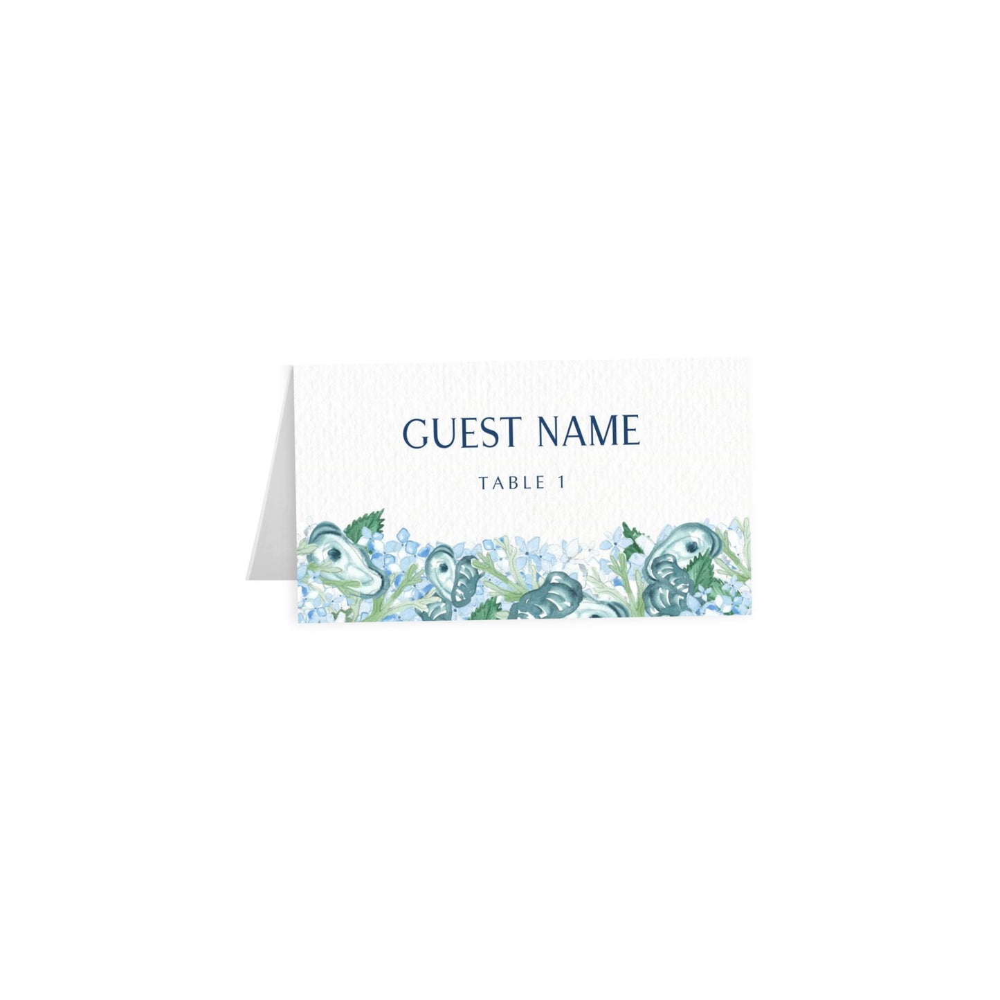 Coastal oyster tent card: clean navy uppercase Guest Name, Table 1