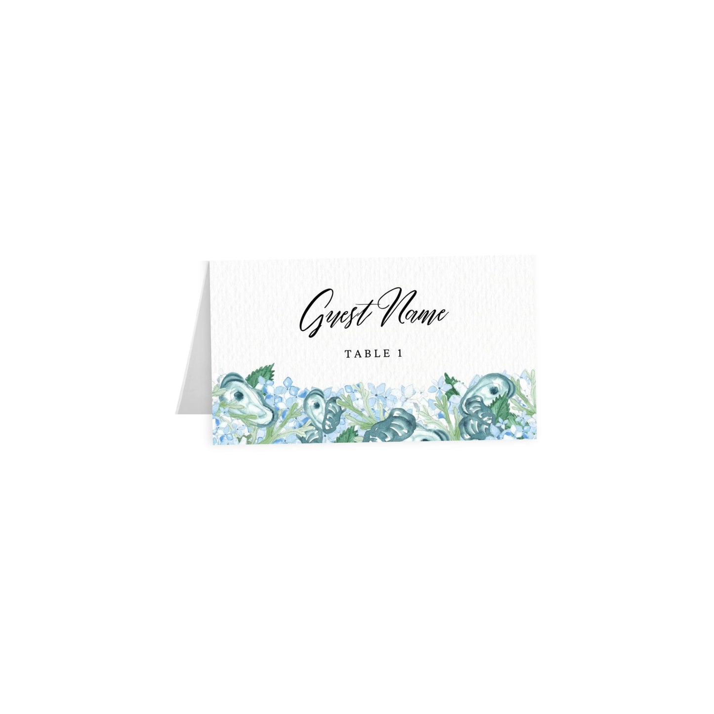 Coastal oyster place card: navy artful cursive Guest Name with Table 1