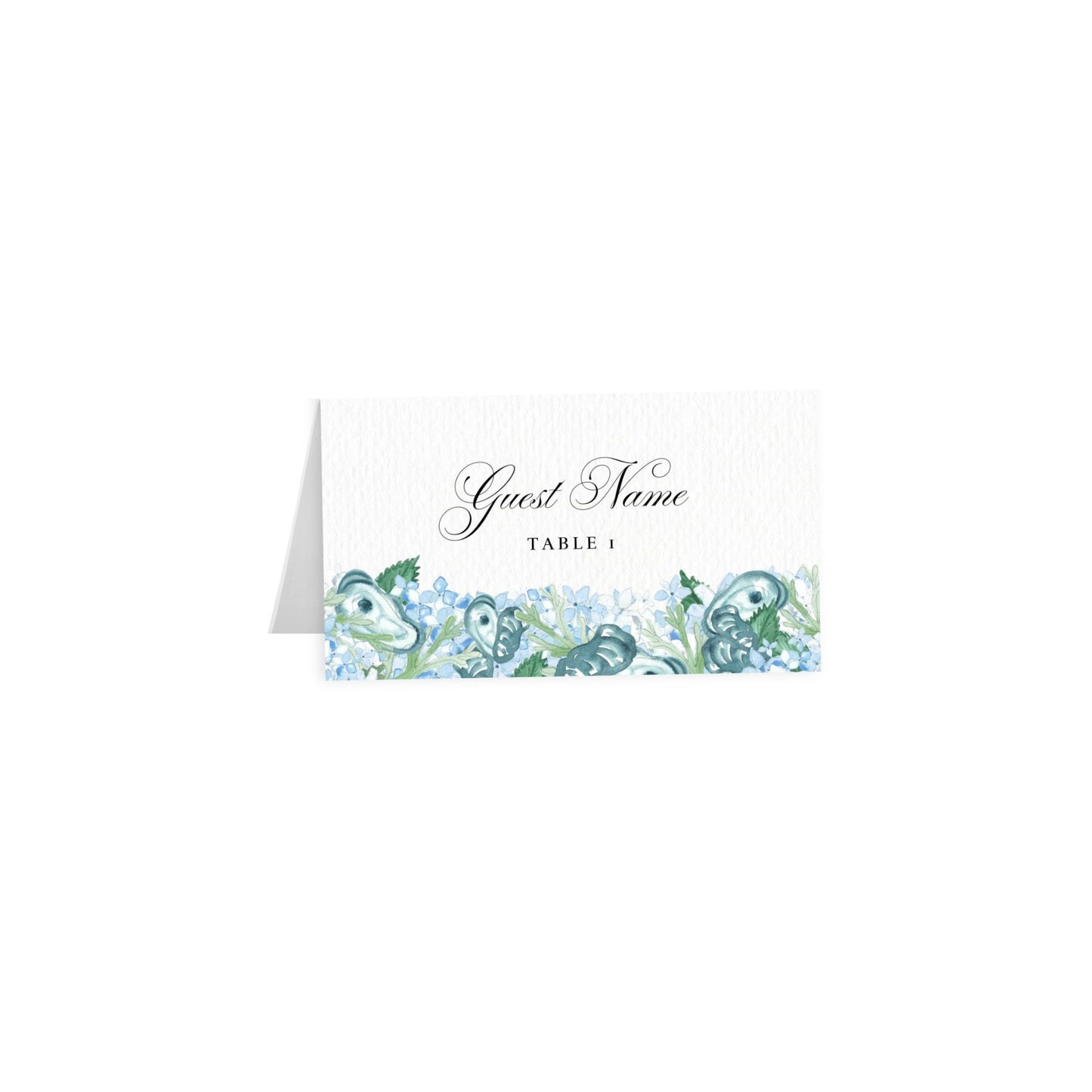 Coastal oyster place card: black artful cursive Guest Name, oyster border, Table 1