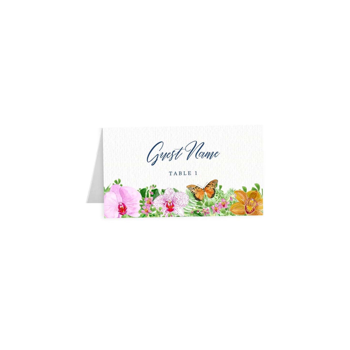 Tented escort card, tropical flowers & butterflies; script Guest Name; Table 1