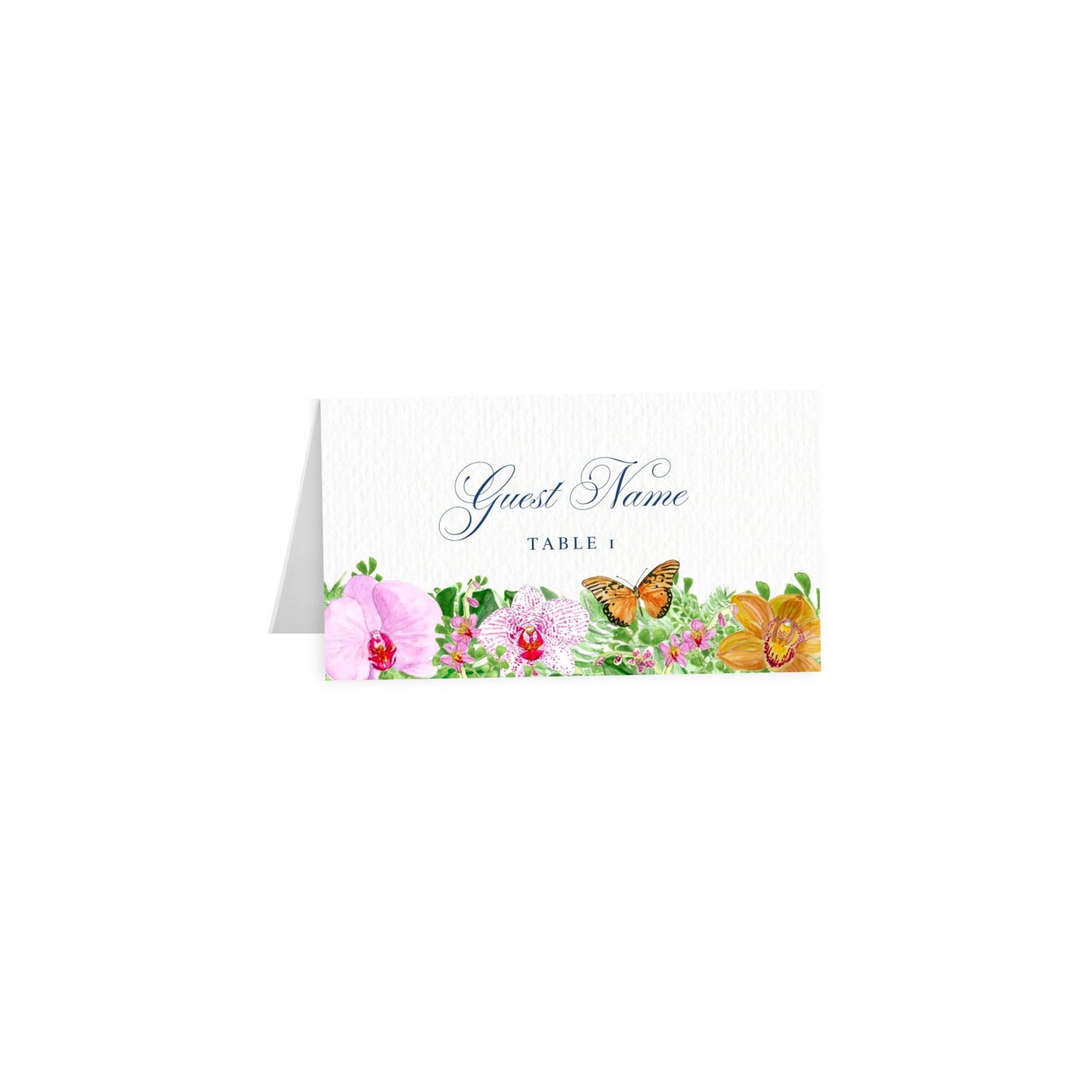 Tropical tented place card; script Guest Name with butterflies; Table 1