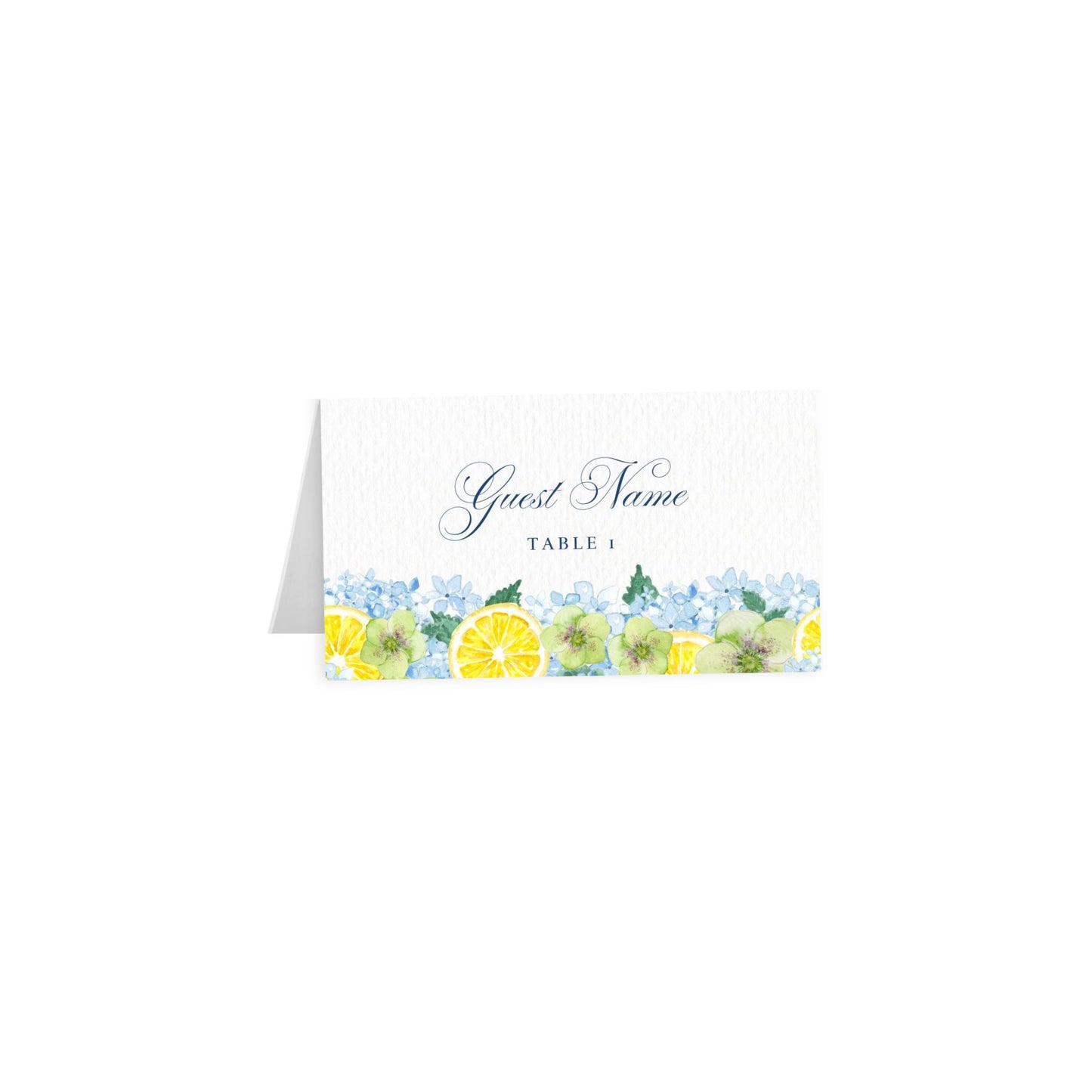 Tented card: script “Guest Name” in light blue, TABLE 1, lemon & hydrangea border
