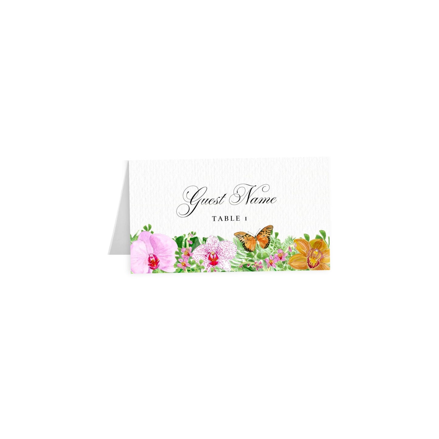 Tropical tented escort card featuring butterflies and flowers; script Guest Name; Table 1