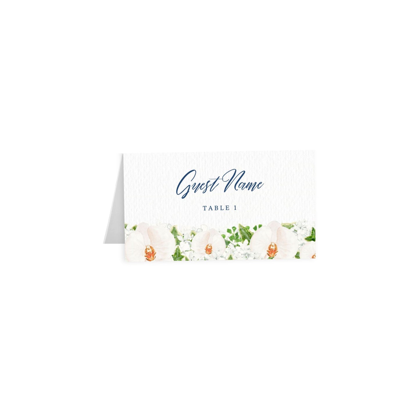 White orchid tented escort card, artful navy script “Guest Name”, Table 1