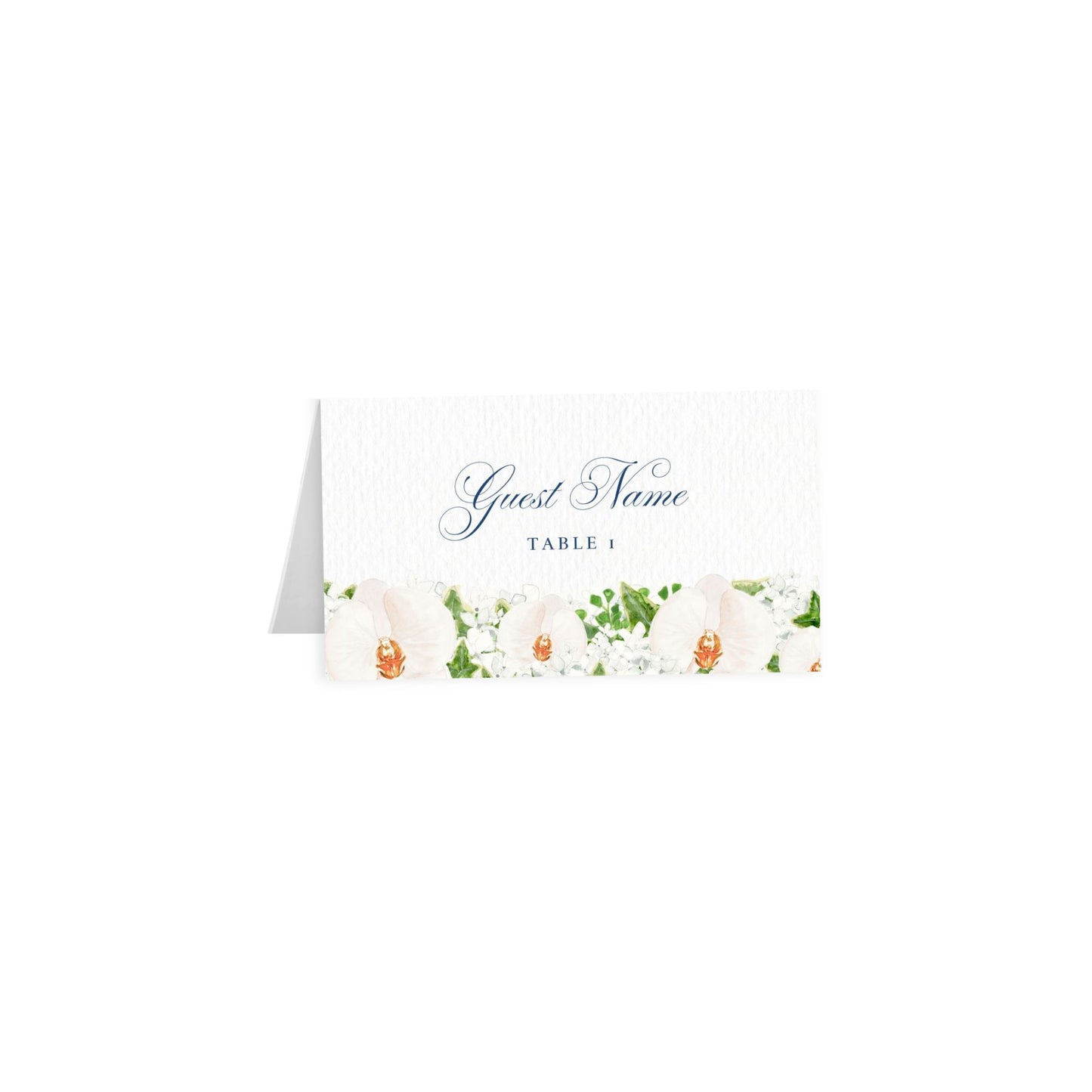 White orchid tented escort card, artful navy script “Guest Name”, Table 1 centered