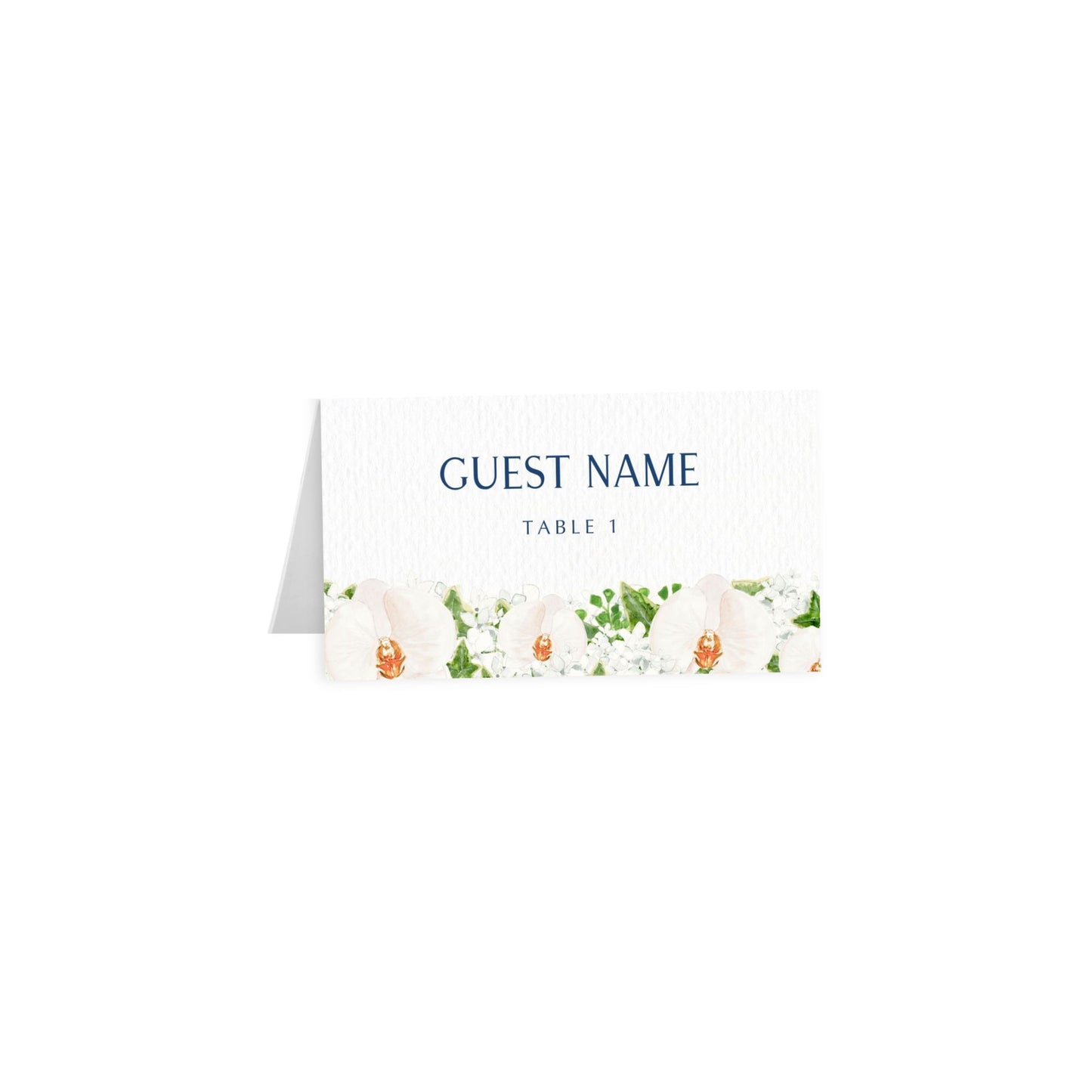 White orchid tented escort card, clean navy uppercase “GUEST NAME”, Table 1