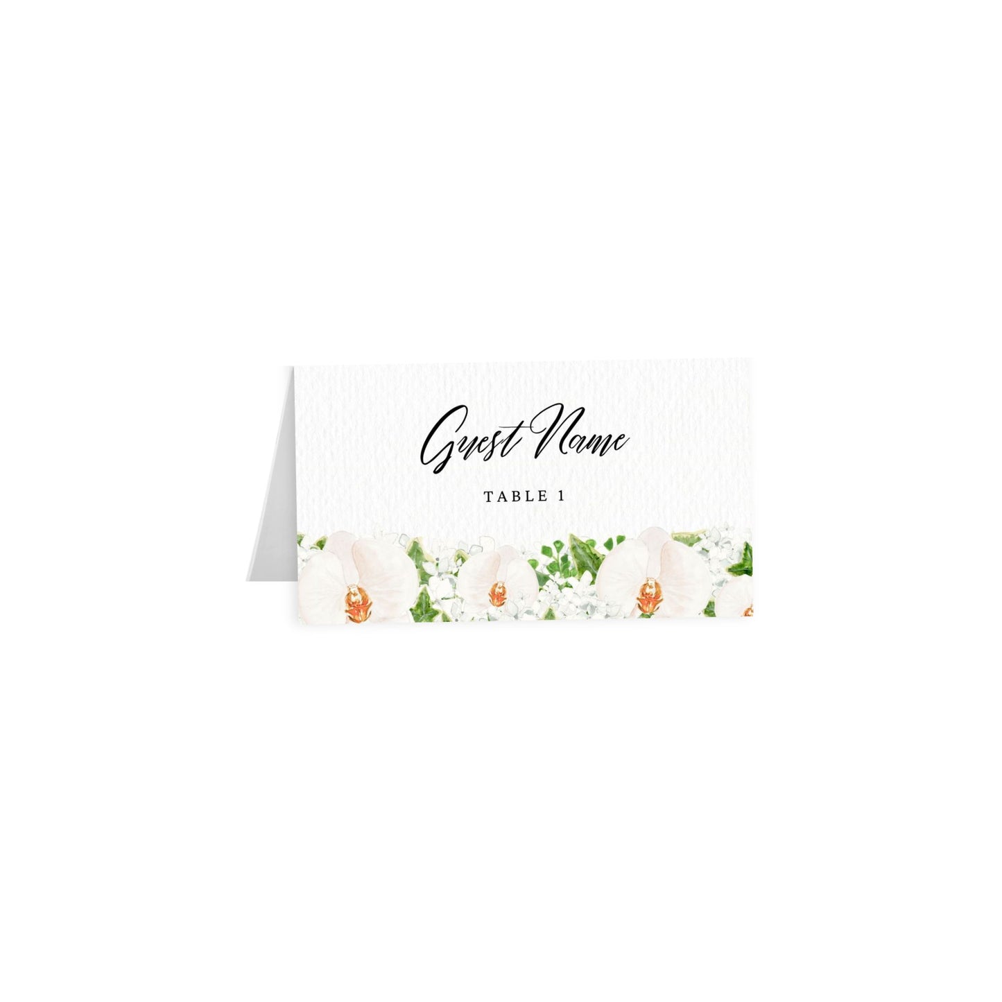 White orchid tented escort card, artful black script “Guest Name”, Table 1