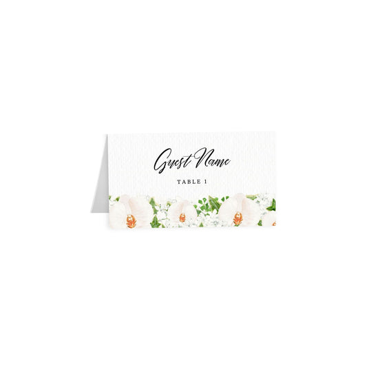 White orchid tented escort card, artful black script “Guest Name”, Table 1