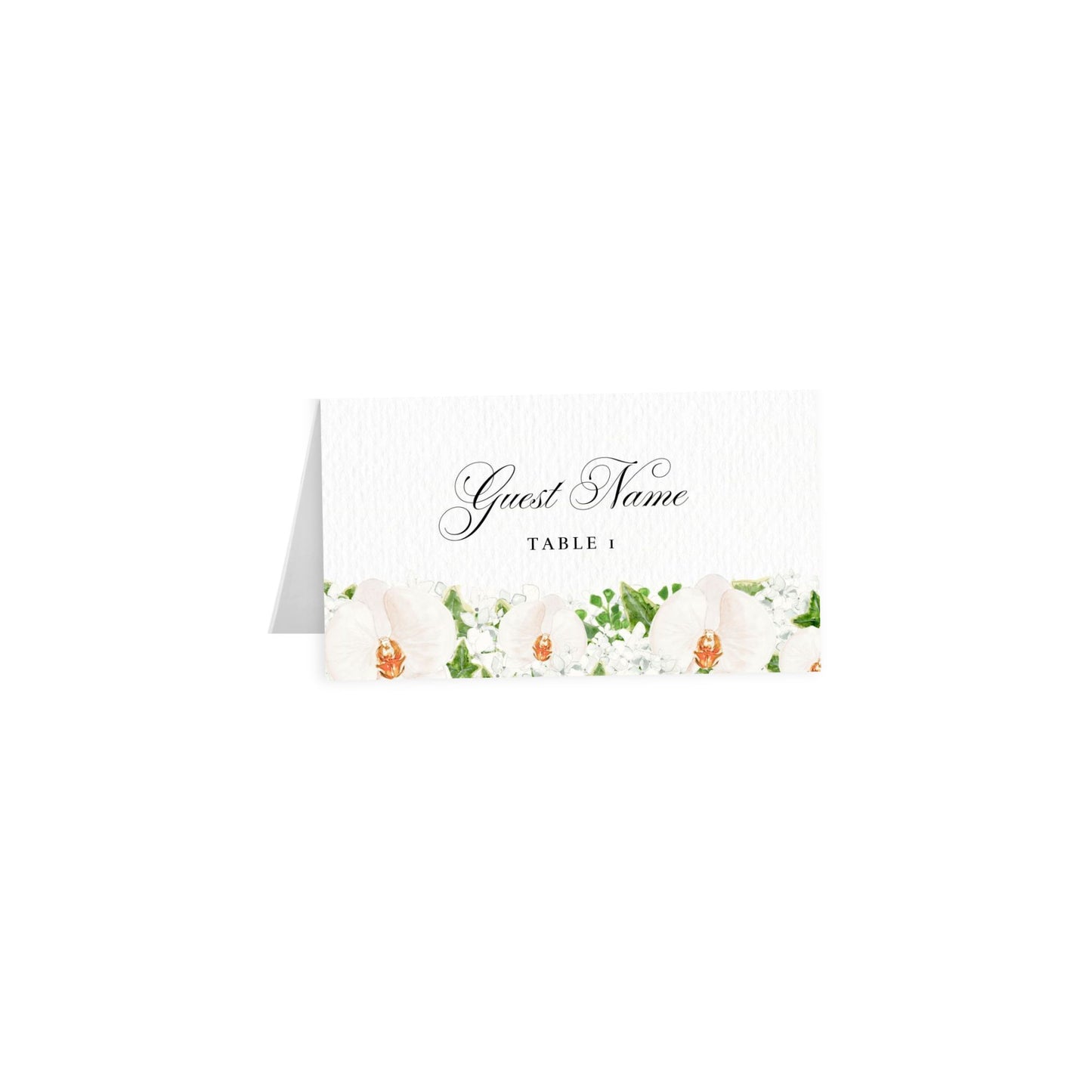 White orchid tented escort card, artful black script “Guest Name”, Table 1 centered