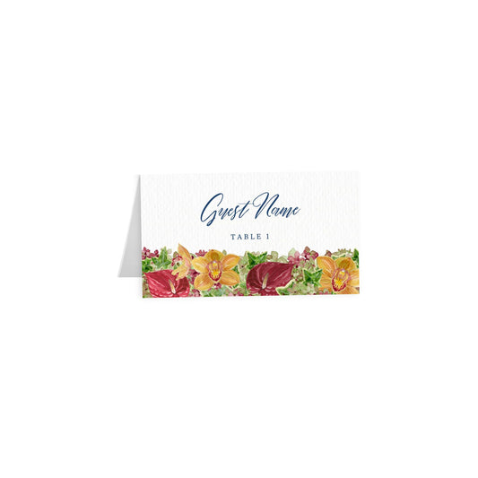 Tent escort/place cards, “Guest Name” cursive navy, “Table 1”, red floral band