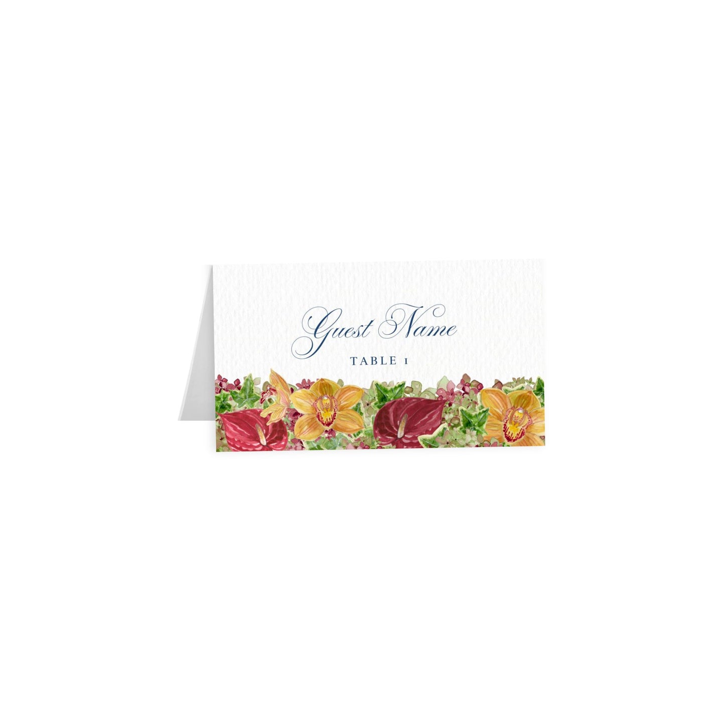 Tent escort/place cards, “Guest Name” cursive black, “Table 1”, red floral design