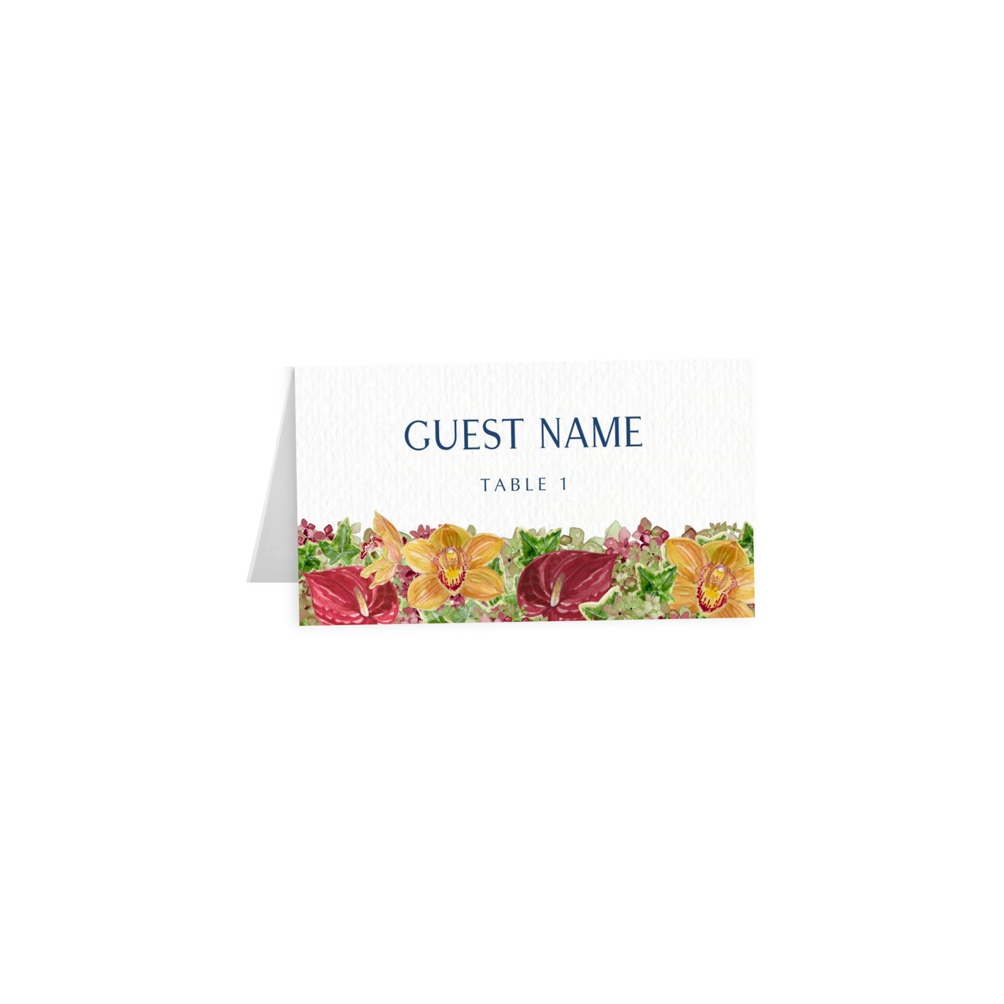 Tent escort/place cards with “GUEST NAME” uppercase navy, “TABLE 1”, red floral strip