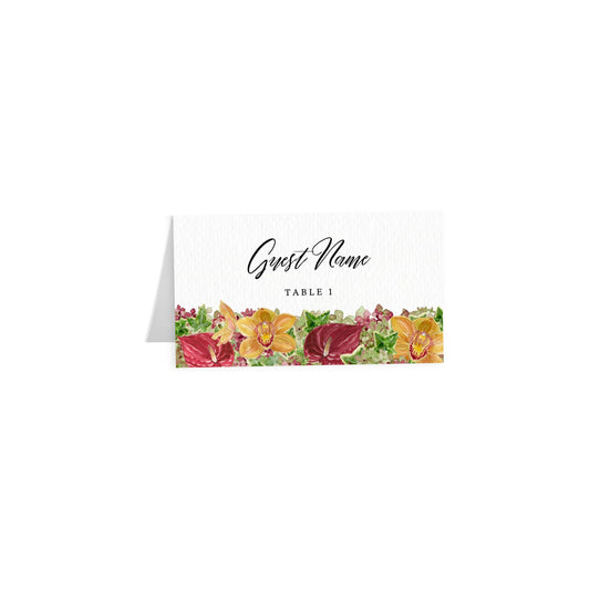 Tent escort/place cards with “Guest Name” cursive navy and “Table 1” text, red flowers