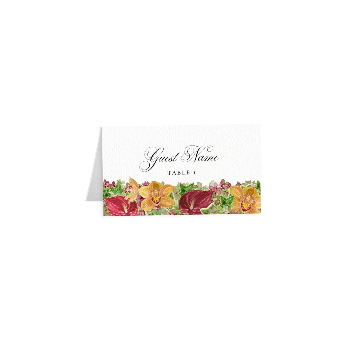 Tent escort/place cards showing “Guest Name” cursive black and “Table 1”, red floral